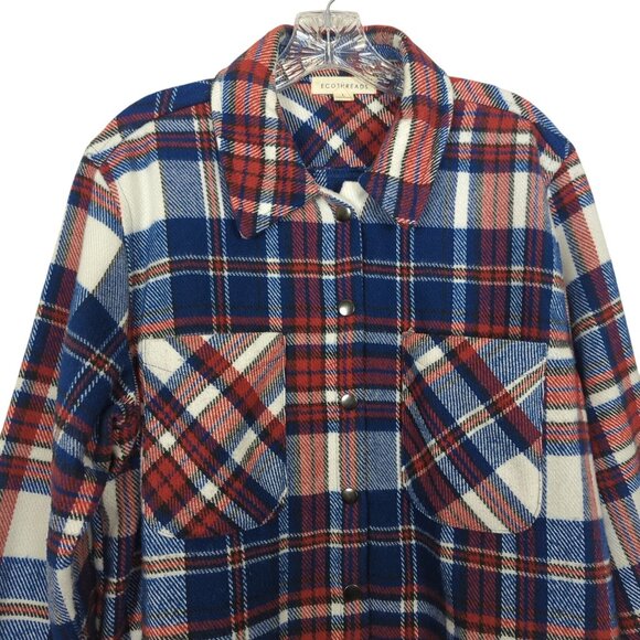 Eco Threads Plaid Flannel Women's Shirt Size L Blue Red White Snap Front soft - Picture 4 of 16